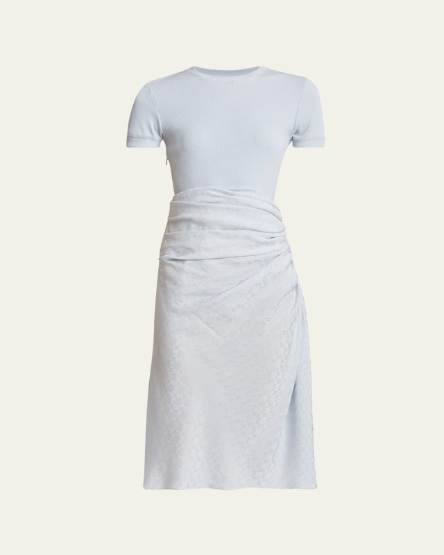 Ruched Monogram Draped Silk Midi Dress